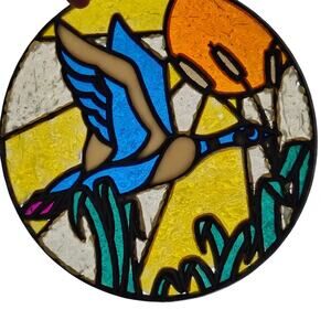 Vtg Stained Glass Window Hanging Panel Flying Blue Goose Grass Suncatcher READ